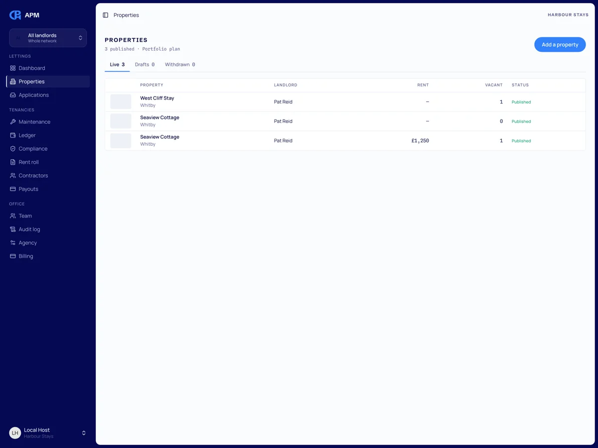 Properties list on the APM letting desk with rent and vacancy per home